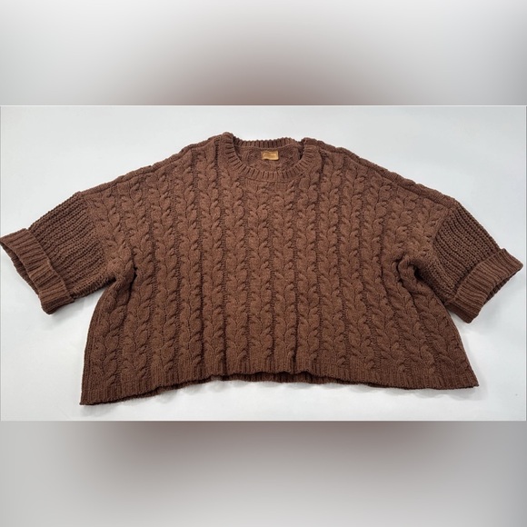 POL Sweaters - POL Chunky Sweater Womens Large Brown Cropped Cable Cuff Sleeve Knit Soft Boho